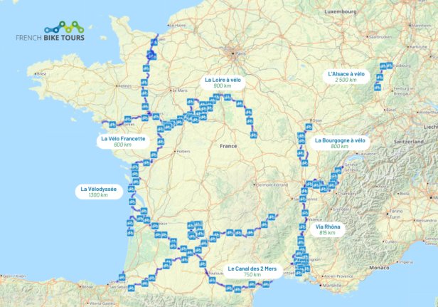 Carte - V&eacute;lo route en France - French Bike Tours